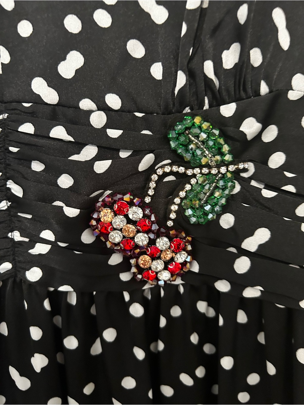 Betsey Johnson Black Polka Dot Dress with Cherry Rhinestone Detail, NWT, 12 - Picture 4 of 9
